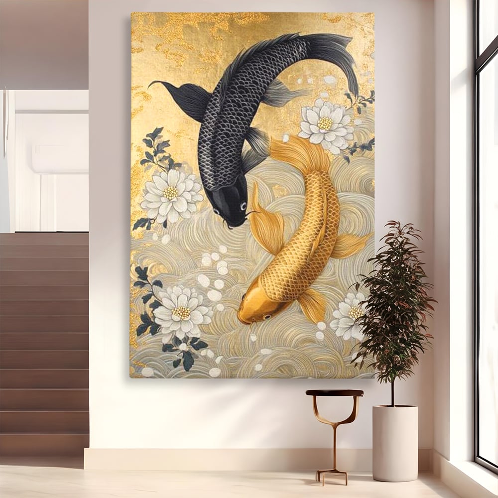 Tablou canvas cu tablou canvas cu doi pesti koi, fara rama, pe sasiu de lemn